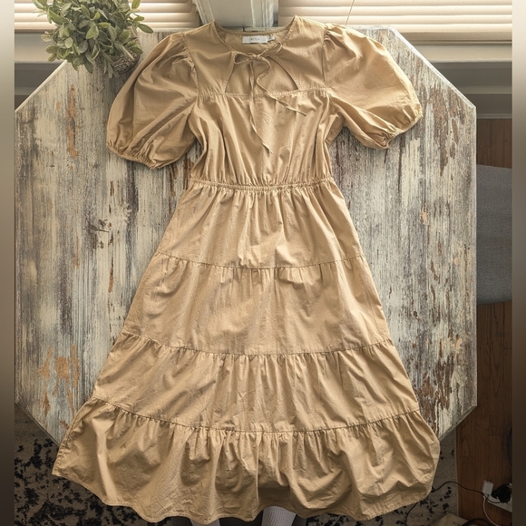 Greylin Poplin Tiered Cotton Midi Dress Camel Women's Small - Picture 2 of 9